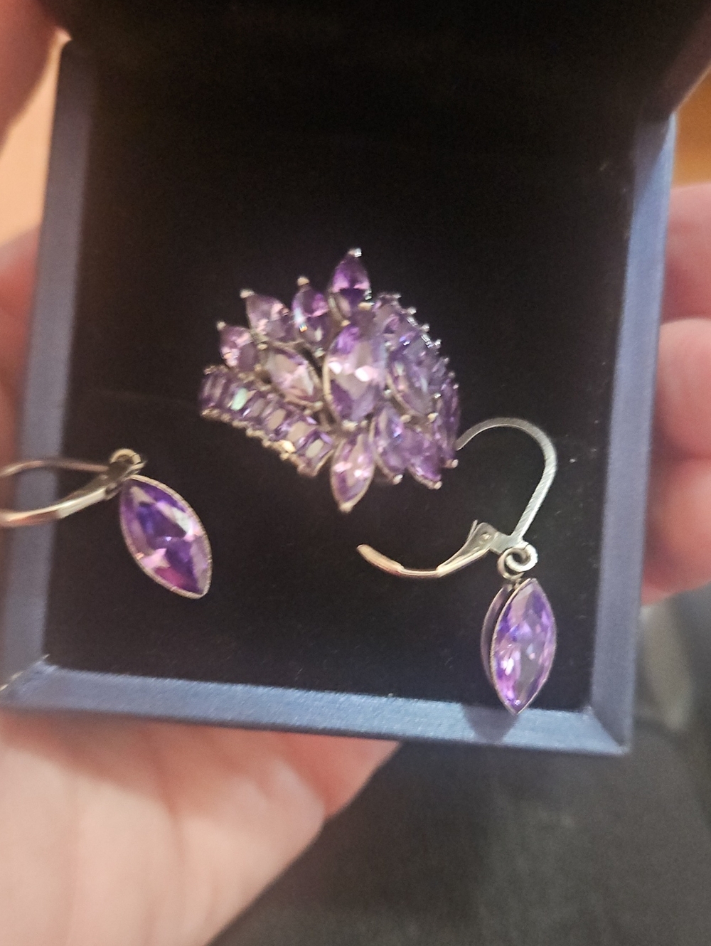 Stainless Steel Purple Marquise Gemstone Ring and Earrings Set